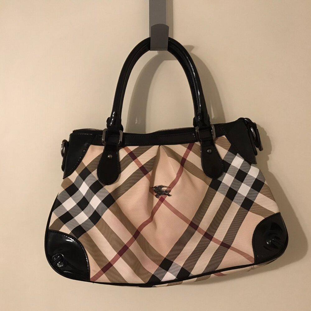 BURBERRY PATENT BLACK, TAN, RED, WHITE CHECK PRINT HANDBAG